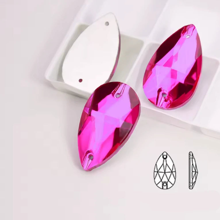 17*28mm Hot Pink Teardrop, Sew on, Fancy Glass Gem (Sold in Pair) Fancy Glass Gems