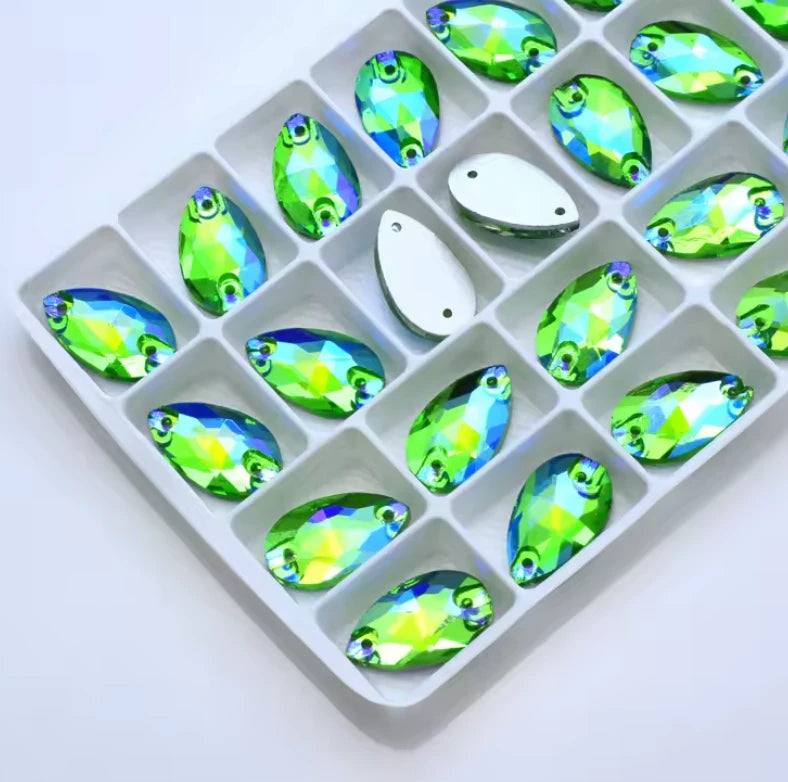 13*22mm Green AB Teardrop, Foil Back, Glass Gem, (Sold in Pair) Glass Gems