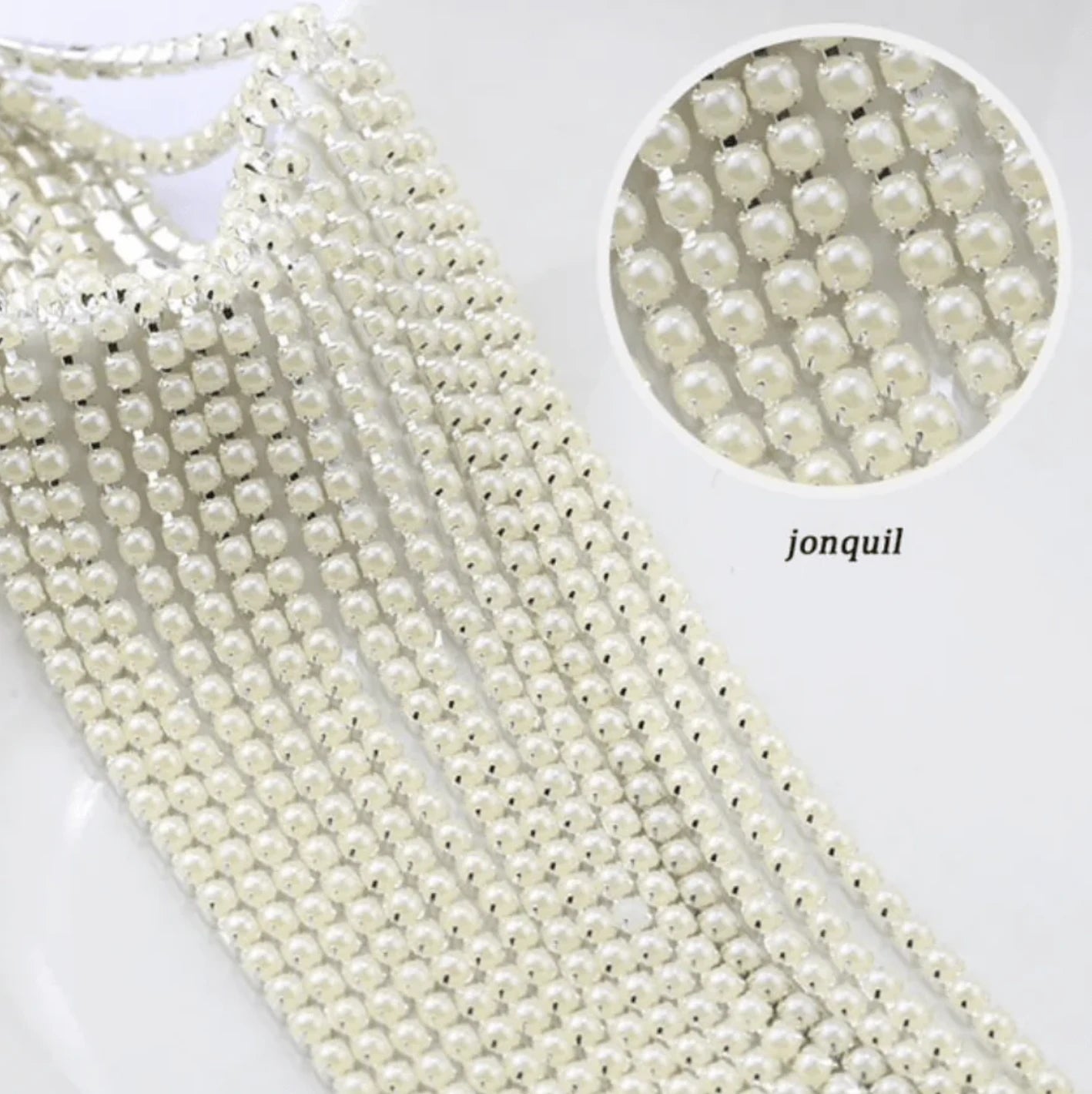 Ss6 Jonquil- Ivory- Light Yellow Pearl Stone, Silver Metal Rhinestone Chain (Sold in 36") Metal Rhinestone Chain