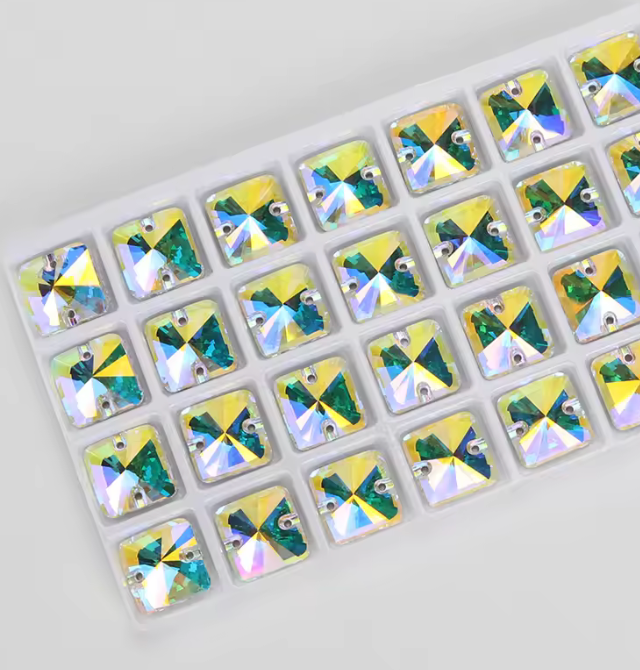 14mm Crystal AB Square Top Rounded, Sew on, Glass Gem (Sold in Pair) Fancy Glass Gems