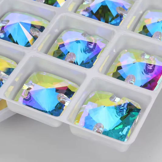 14mm Crystal AB Square Top Rounded, Sew on, Glass Gem (Sold in Pair) Fancy Glass Gems