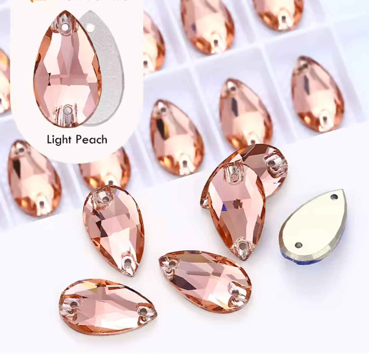 13*22mm Light Peach Teardrop, sew on, Fancy Glass Gem (Sold in Pair) Fancy Glass Gems