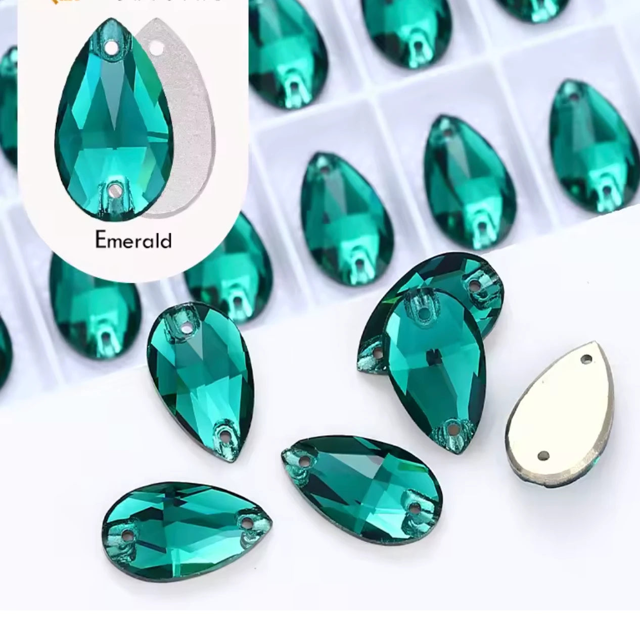 13*22mm Emerald Teardrop, High Quality sew on, Fancy Glass Gem (Sold in Pair) Fancy Glass Gems
