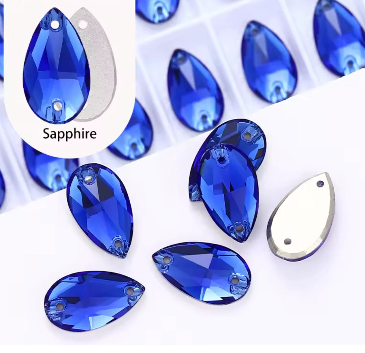 13*22mm Sapphire Teardrop, High Quality sew on, Fancy Glass Gem (Sold in Pair) Fancy Glass Gems