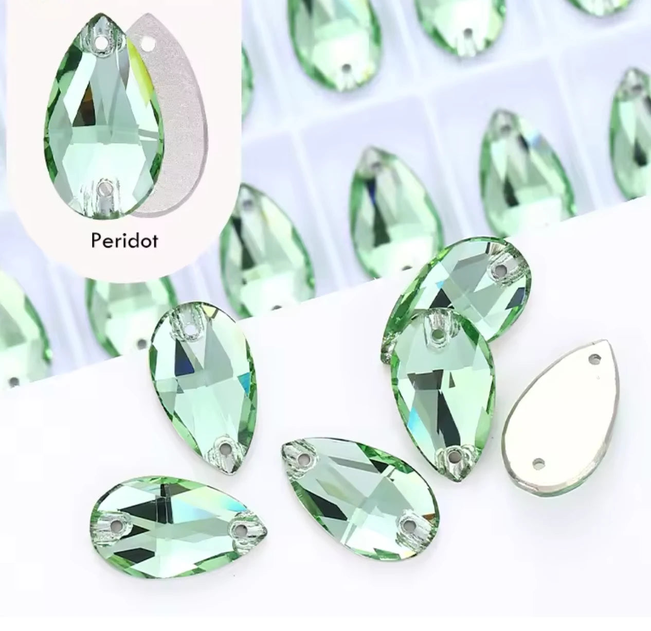 11*18mm Peridot Green Teardrop, High Quality sew on, Fancy Glass Gem (Sold in Pair) Fancy Glass Gems