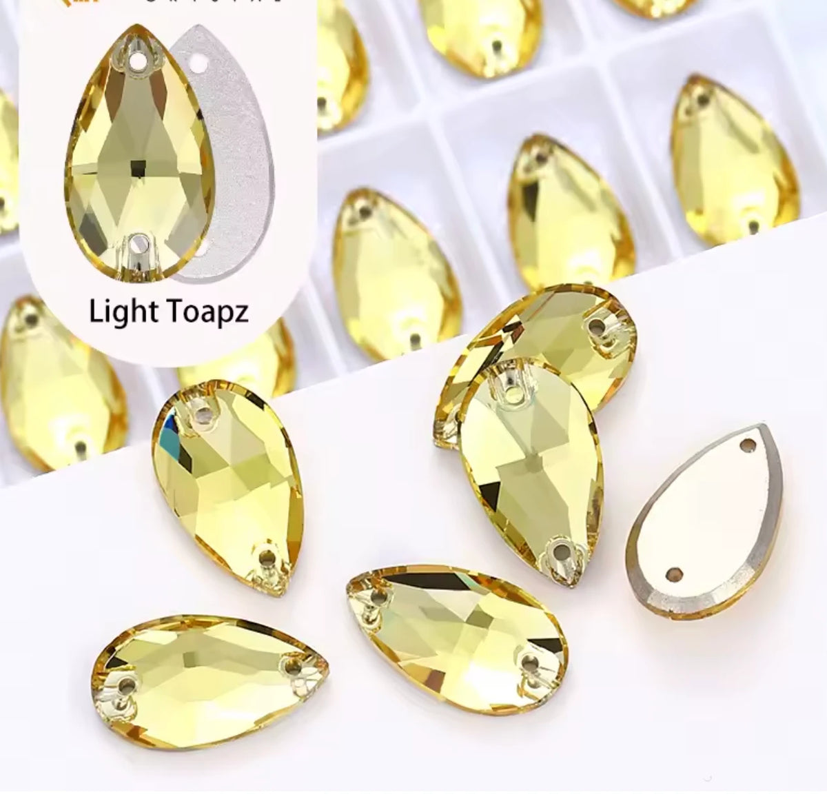13*22mm Light Topaz Yellow Teardrop, High Quality sew on, Fancy Glass Gem (Sold in Pair) Fancy Glass Gems