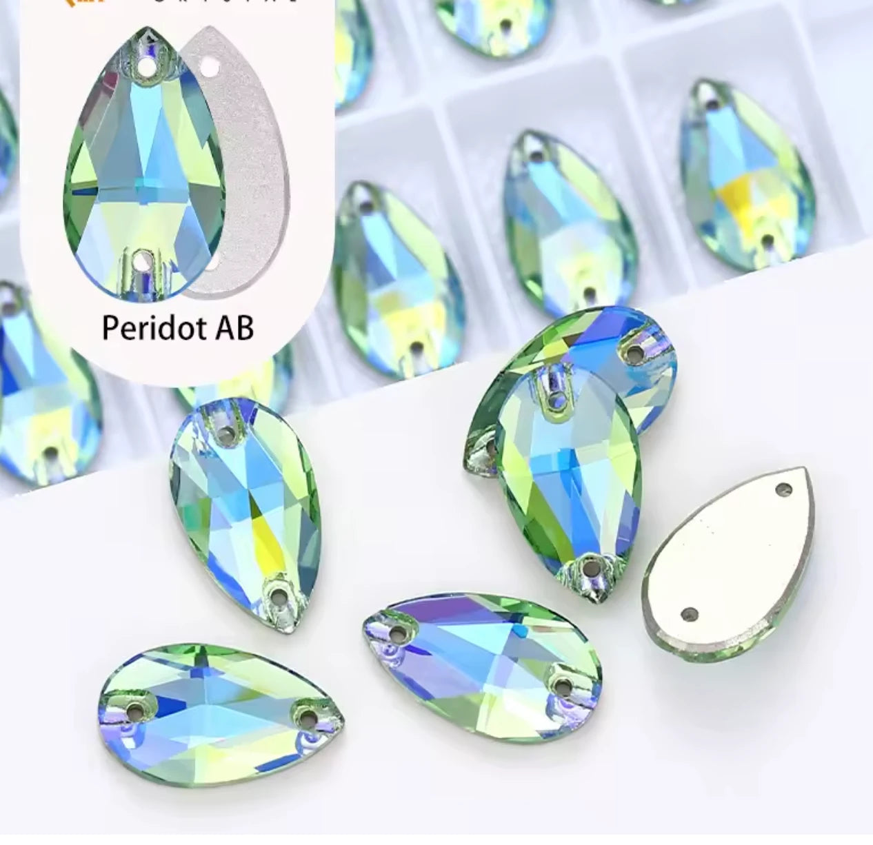 11*18mm Peridot Mint Green AB Teardrop, High Quality sew on, Fancy Glass Gem (Sold in Pair) Fancy Glass Gems