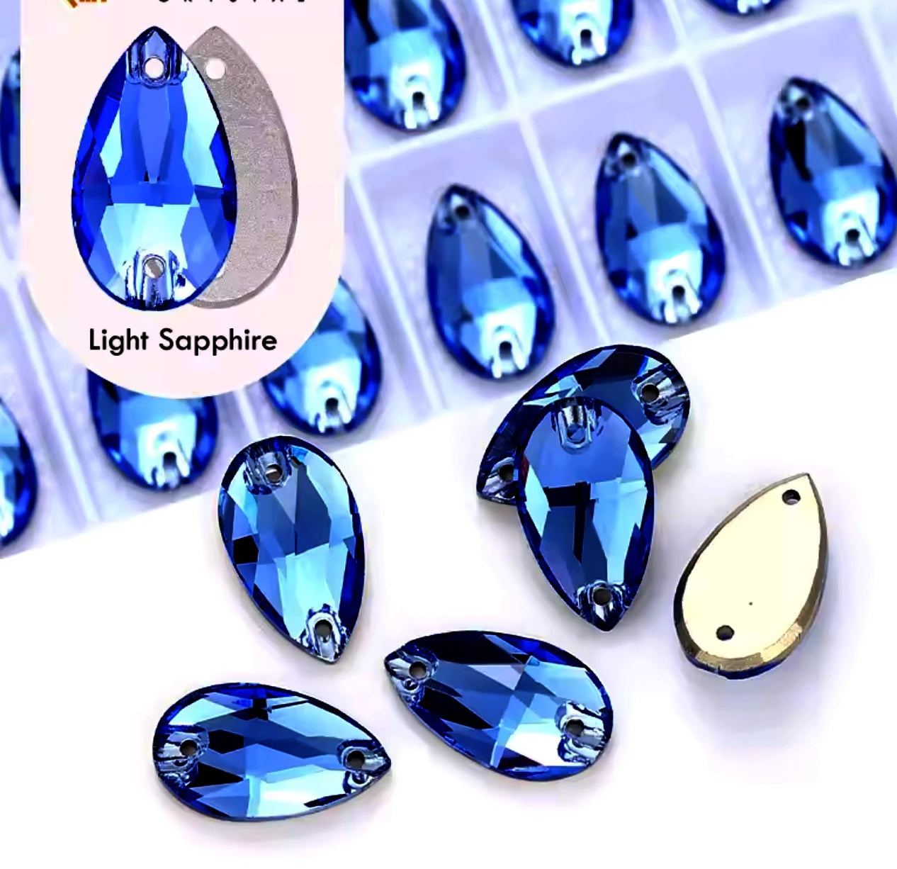 13*22mm Light Montana Sapphire Teardrop, High Quality sew on, Fancy Glass Gem (Sold in Pair) Fancy Glass Gems