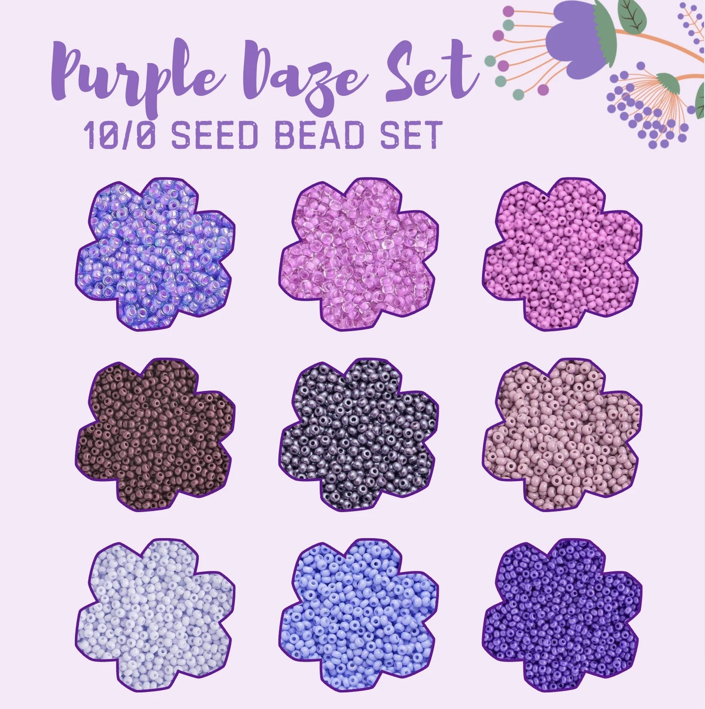 "Purple Spring Daze" 10/0 Seedbead x 9 (22g) Set Bundle, Promotions Sundaylace Creations & Bling
