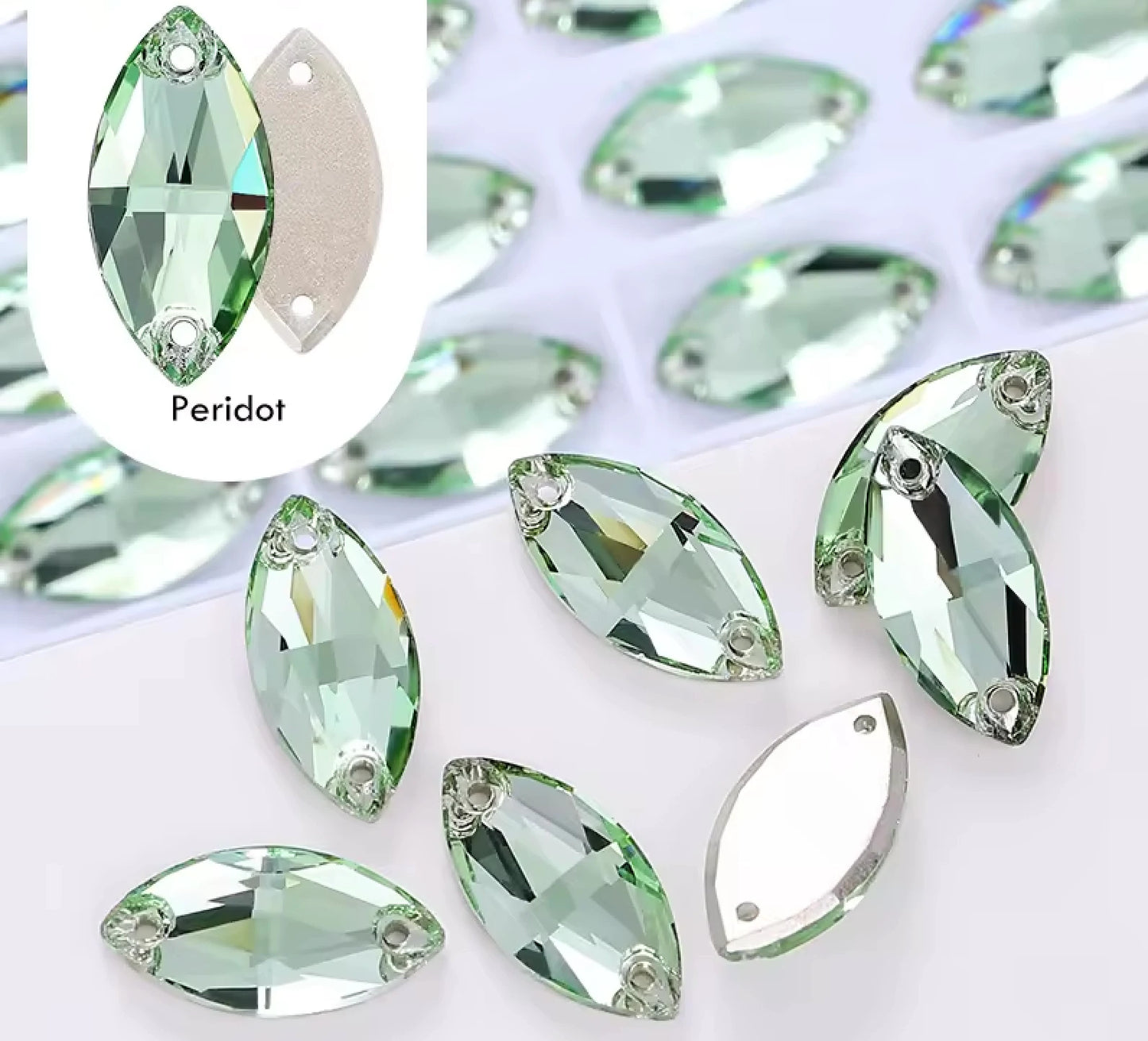 9*18mm Peridot Green Navette High Quality, Sew on, Fancy Glass Gem (Sold in Pair) Fancy Glass Gems