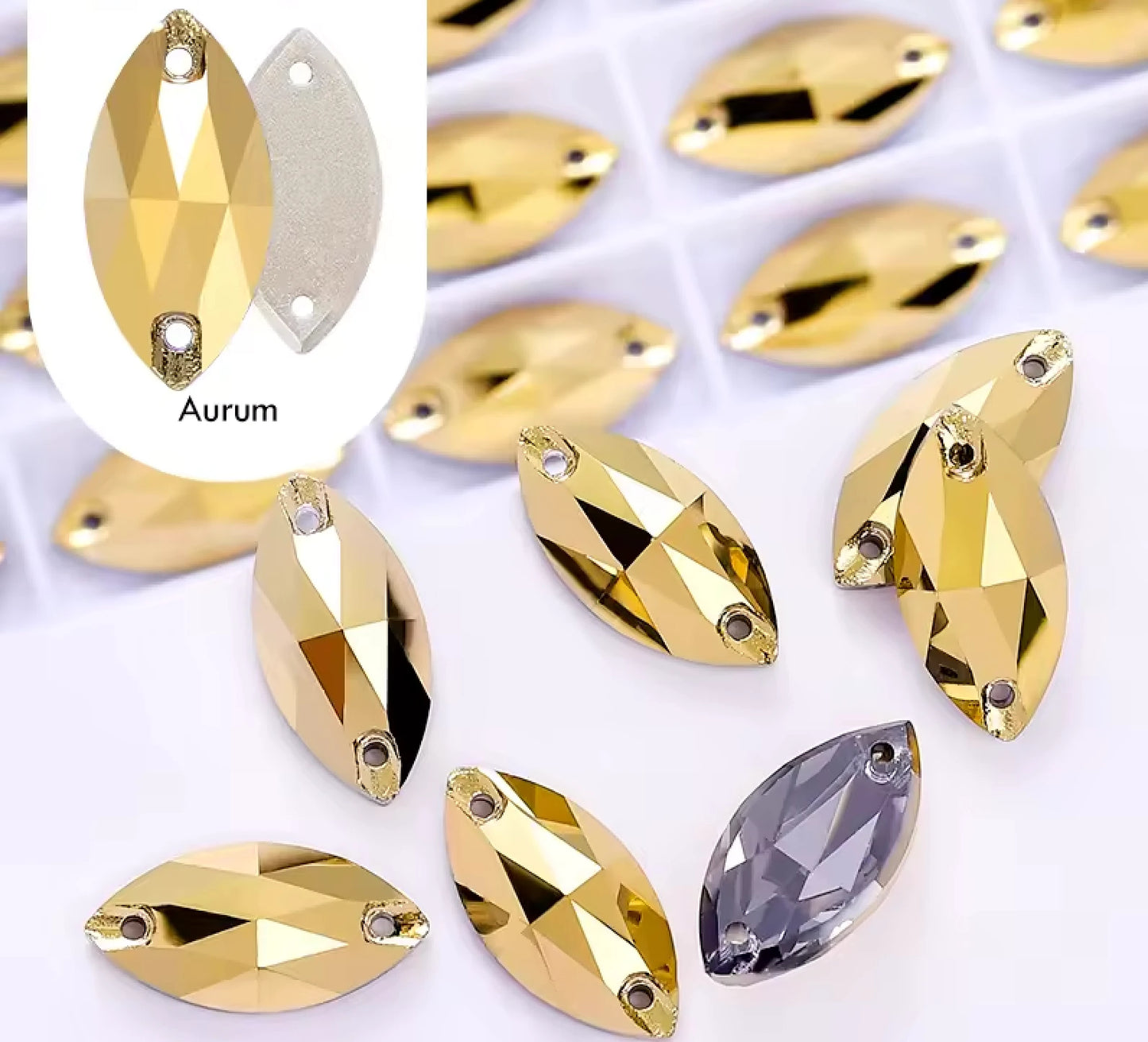 9*18mm Aurum Gold Navette, High Quality, Sew on, Fancy Glass Gem (Sold in Pair) Fancy Glass Gems