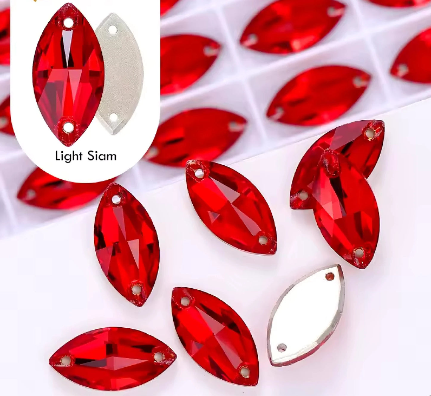 9*18mm Light Siam Navette High Quaility, Sew on, Fancy Glass Gem (Sold in Pair) Fancy Glass Gems