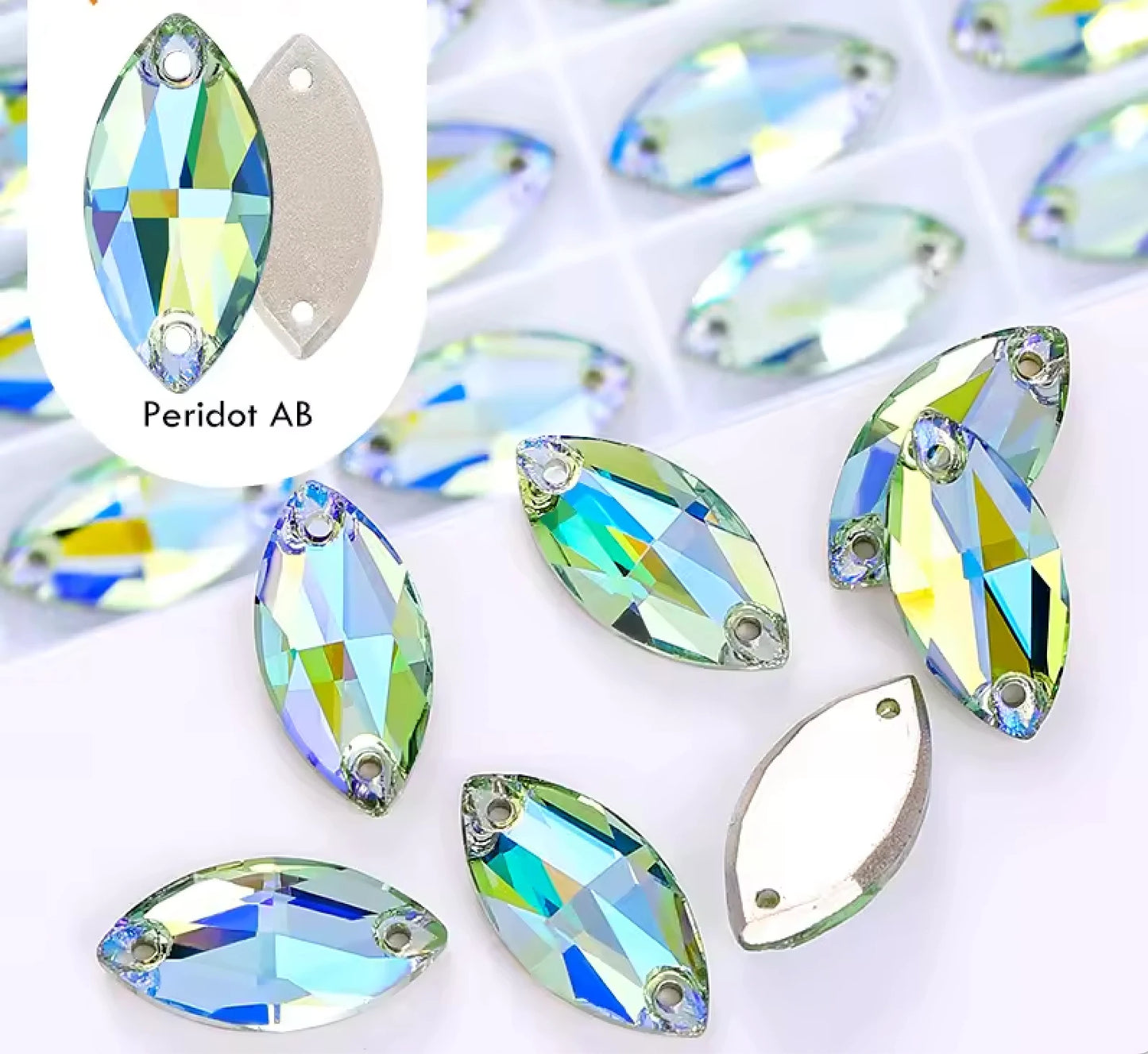 9*18mm Peridot AB Navette, High Quality, Sew on, Fancy Glass Gem (Sold in Pair) Fancy Glass Gems