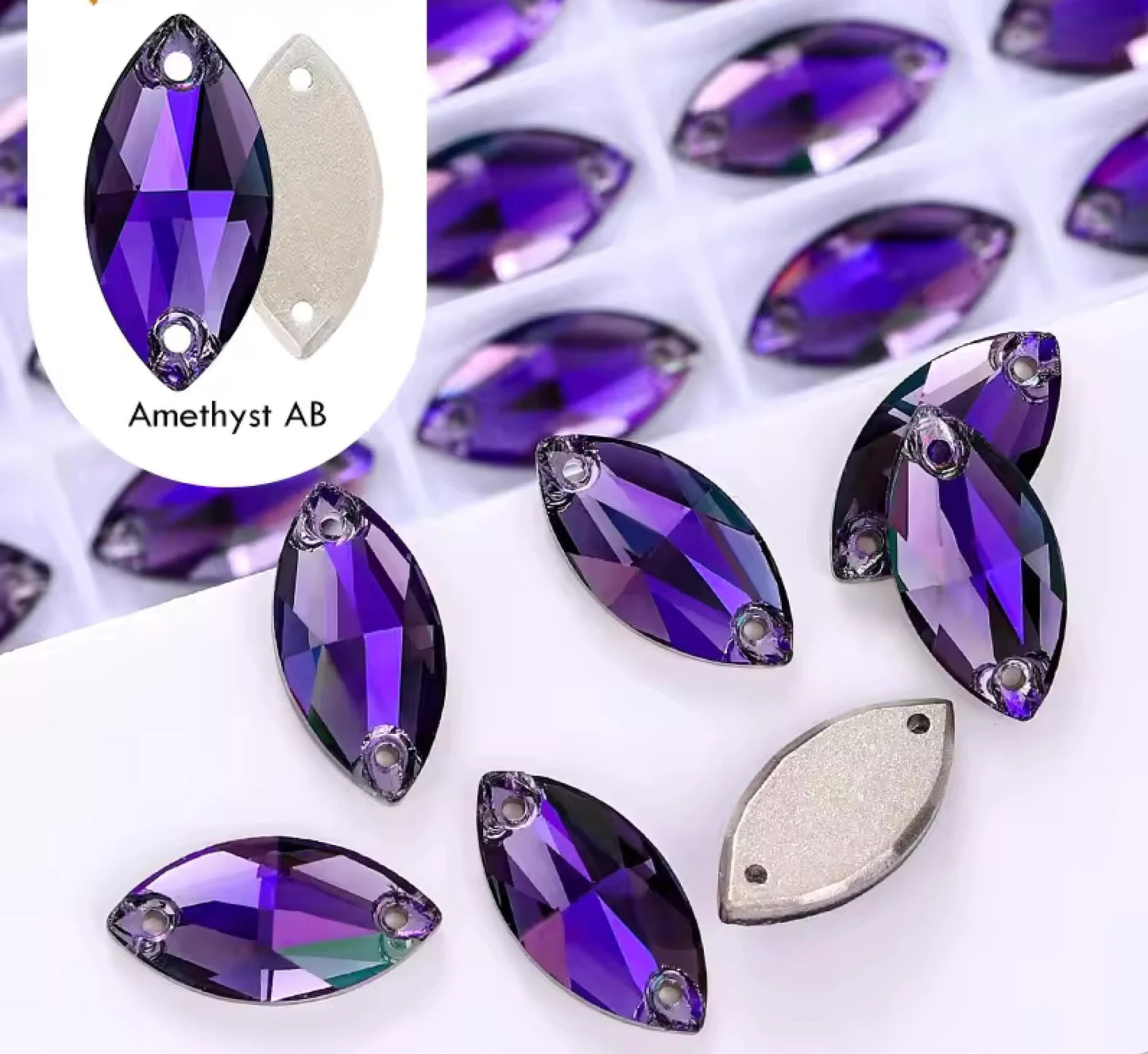 9*18mm Amethyst AB Navette High Quaility, Sew on, Fancy Glass Gem (Sold in Pair) Fancy Glass Gems