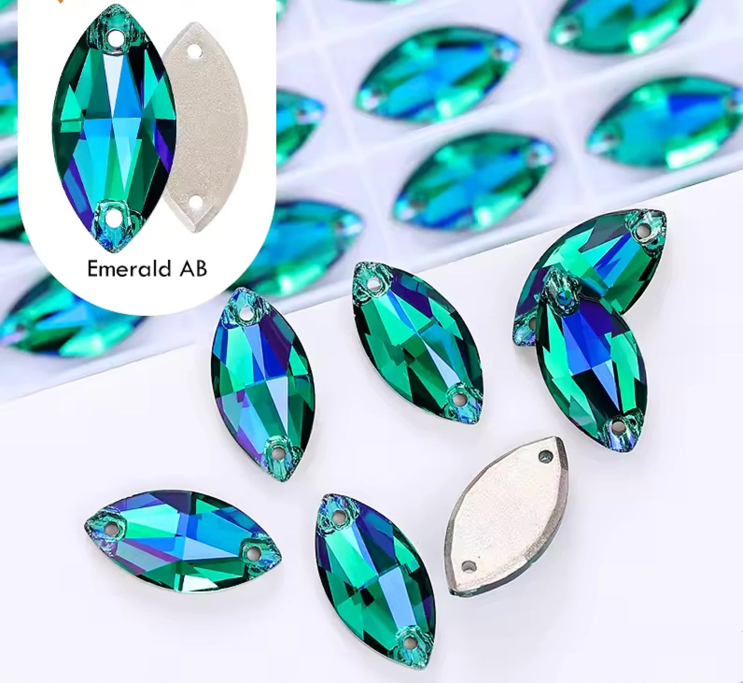 9*18mm Emerald AB Navette, High Quality, Sew on, Fancy Glass Gem (Sold in Pair) Fancy Glass Gems