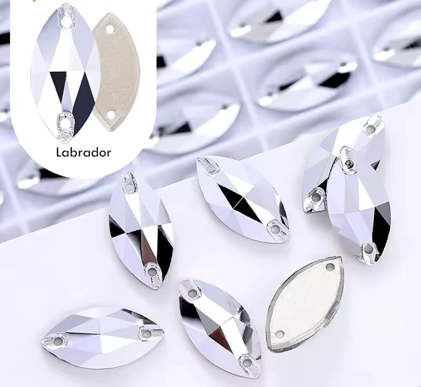 9*18mm Labrador Navette, High Quality, Sew on, Fancy Glass Gem (Sold in Pair) Fancy Glass Gems