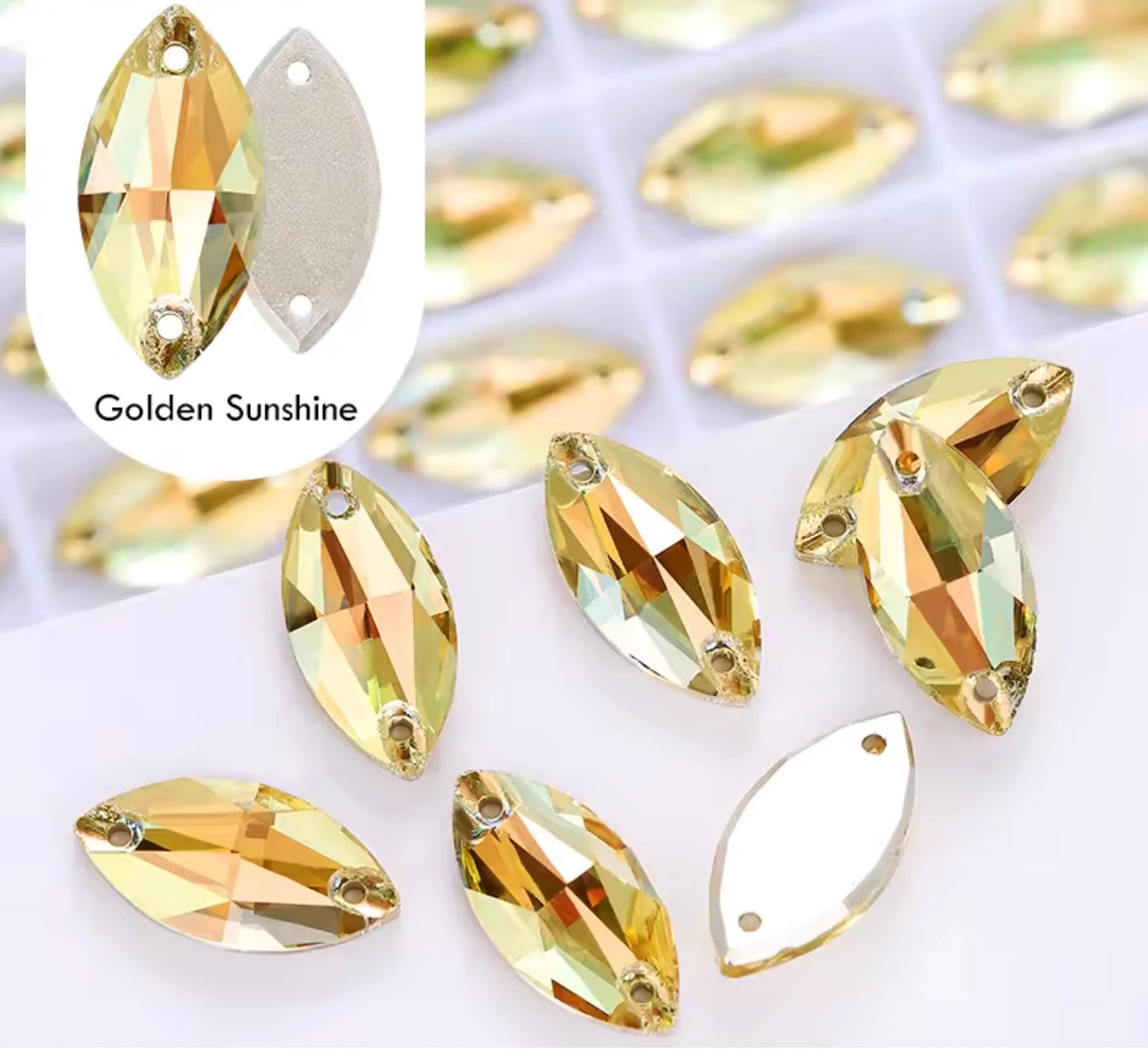 9*18mm Gold Sunshine Navette, High Quality, Sew on, Fancy Glass Gem (Sold in Pair) Fancy Glass Gems