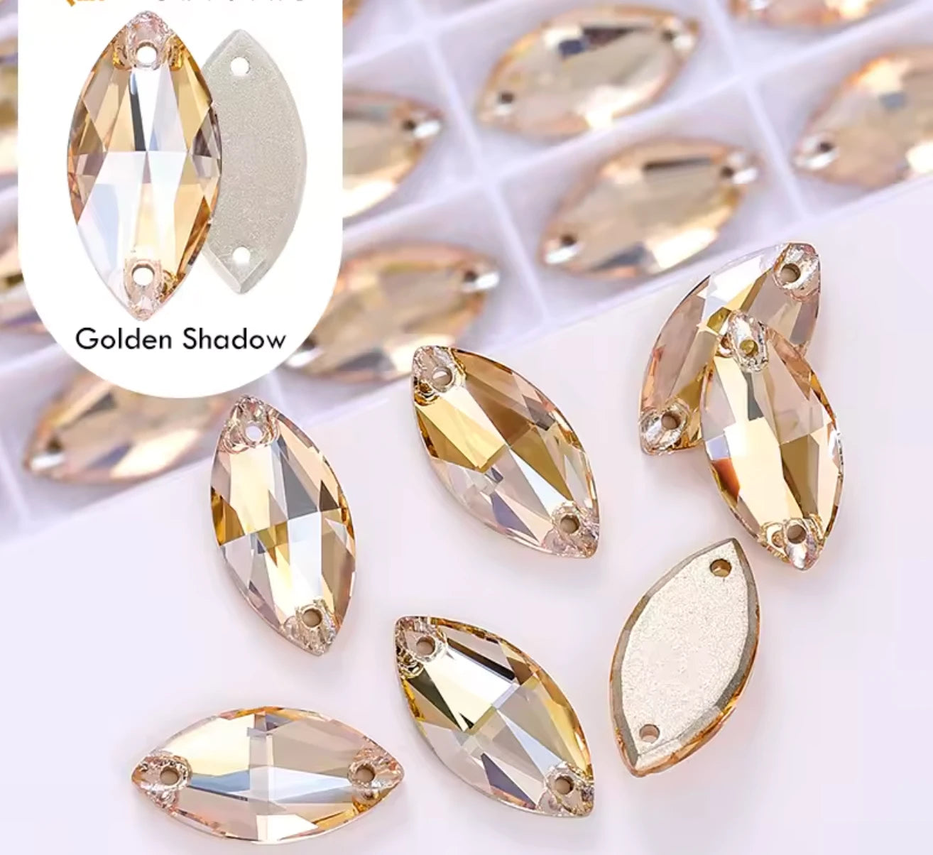 9*18mm Golden Shadow Navette, High Quality, Sew on, Fancy Glass Gem (Sold in Pair) Fancy Glass Gems