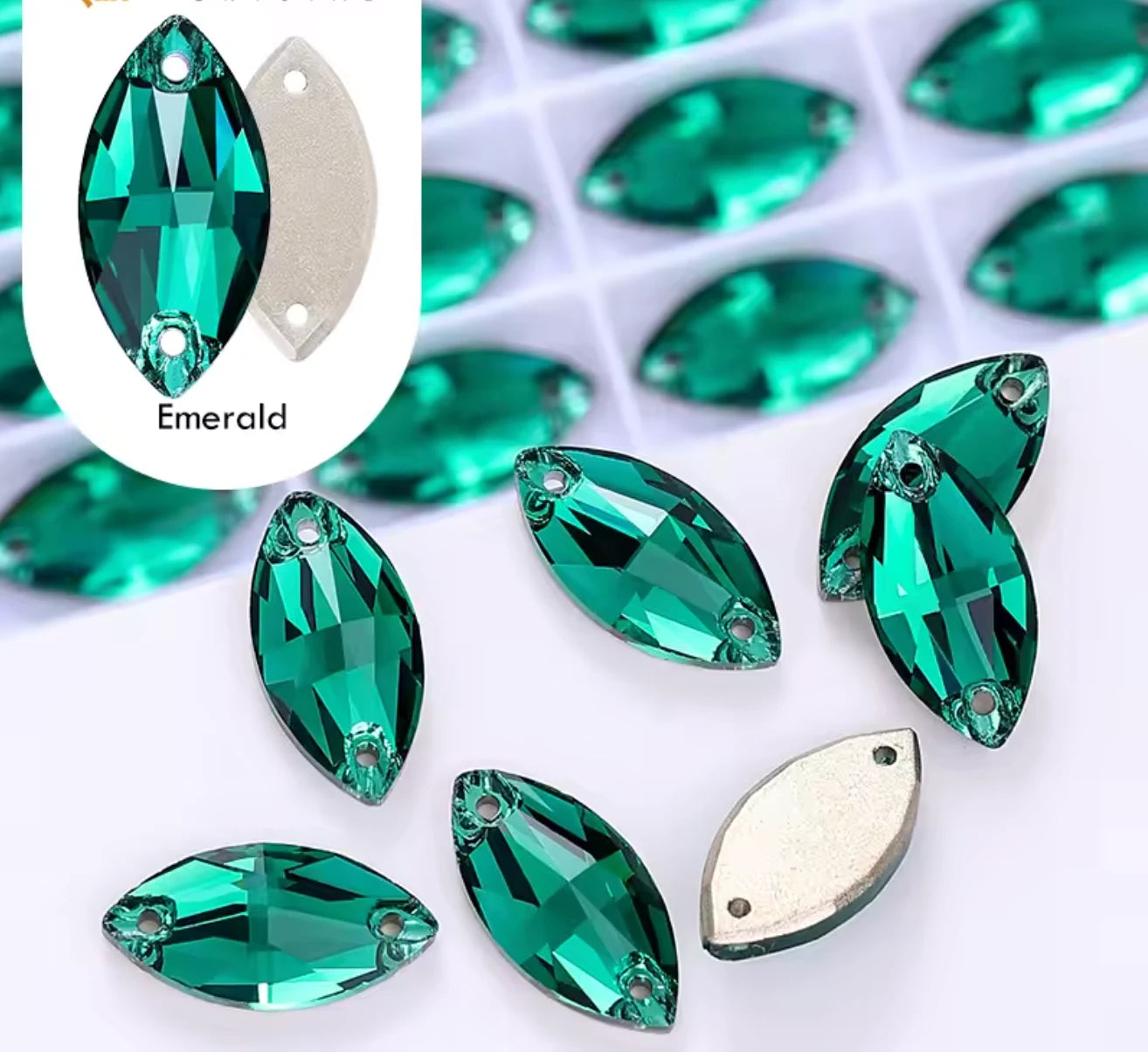 9*18mm Emerald Navette, High Quality, Sew on, Fancy Glass Gem (Sold in Pair) Fancy Glass Gems