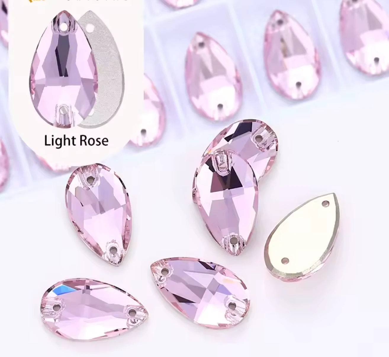 13*22mm Light Rose Pink Teardrop High Quality, sew on, Fancy Glass Gem (Sold in Pair) Fancy Glass Gems
