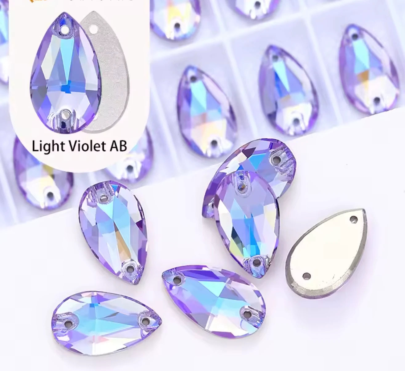 13*22mm Light Violet AB Teardrop High Quality, sew on, Fancy Glass Gem (Sold in Pair) Fancy Glass Gems