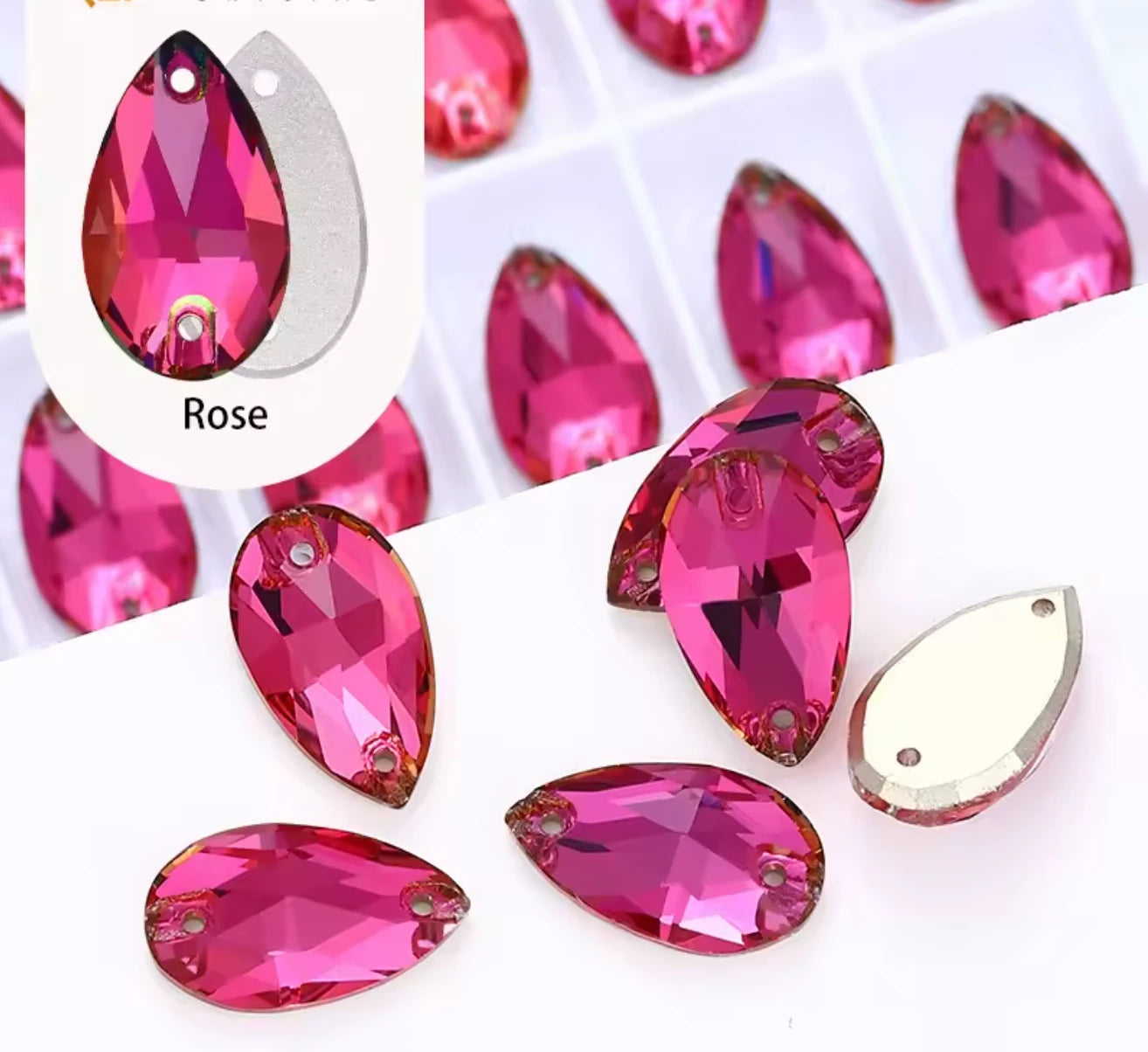 11*18mm Pink Rose Flame Teardrop High Quality, sew on, Fancy Glass Gem (Sold in Pair) Fancy Glass Gems