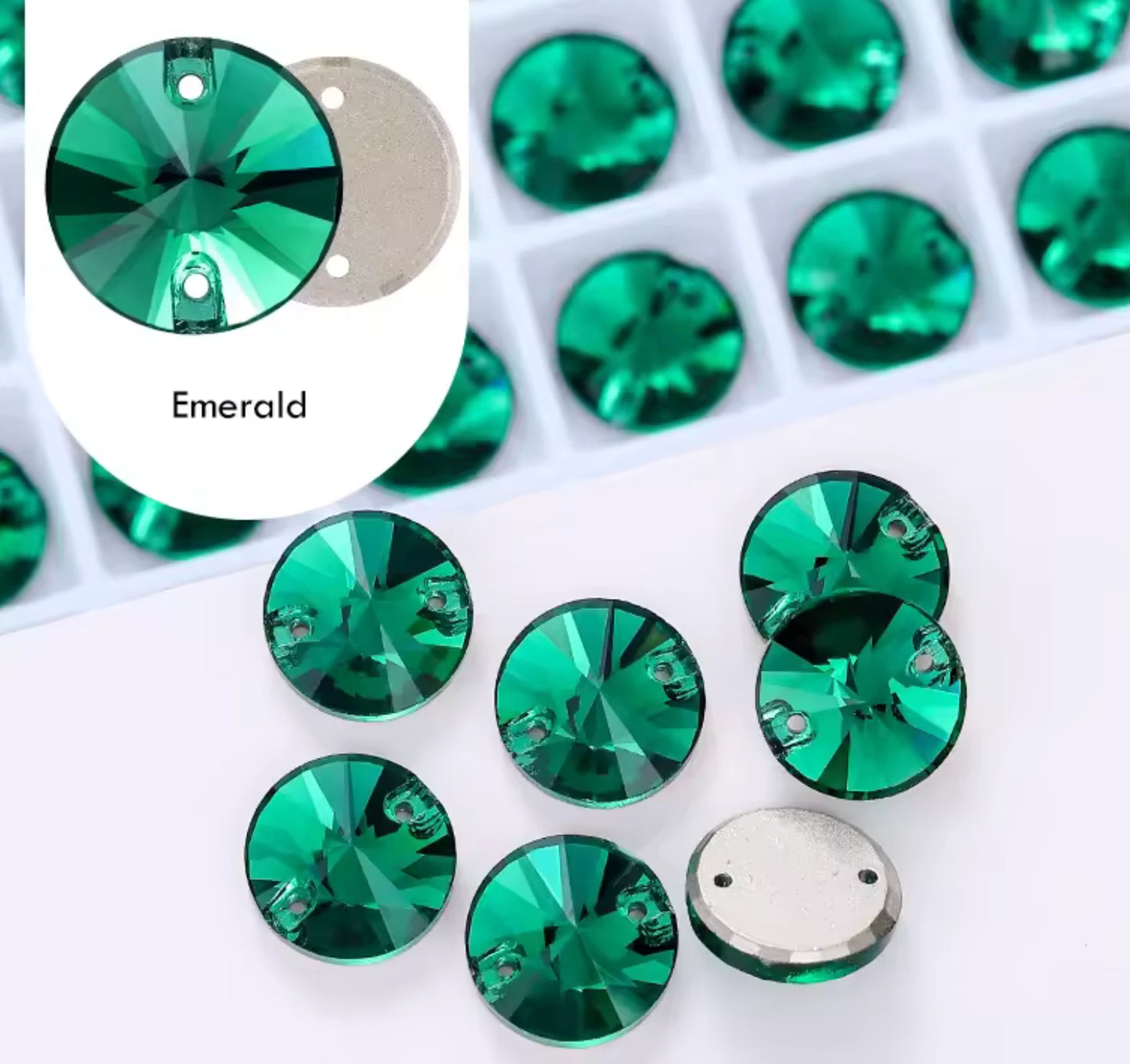 10mm Emerald Green High Quality Rivoli, , Sew on, Fancy Glass Gem (Sold in Pair) Fancy Glass Gems