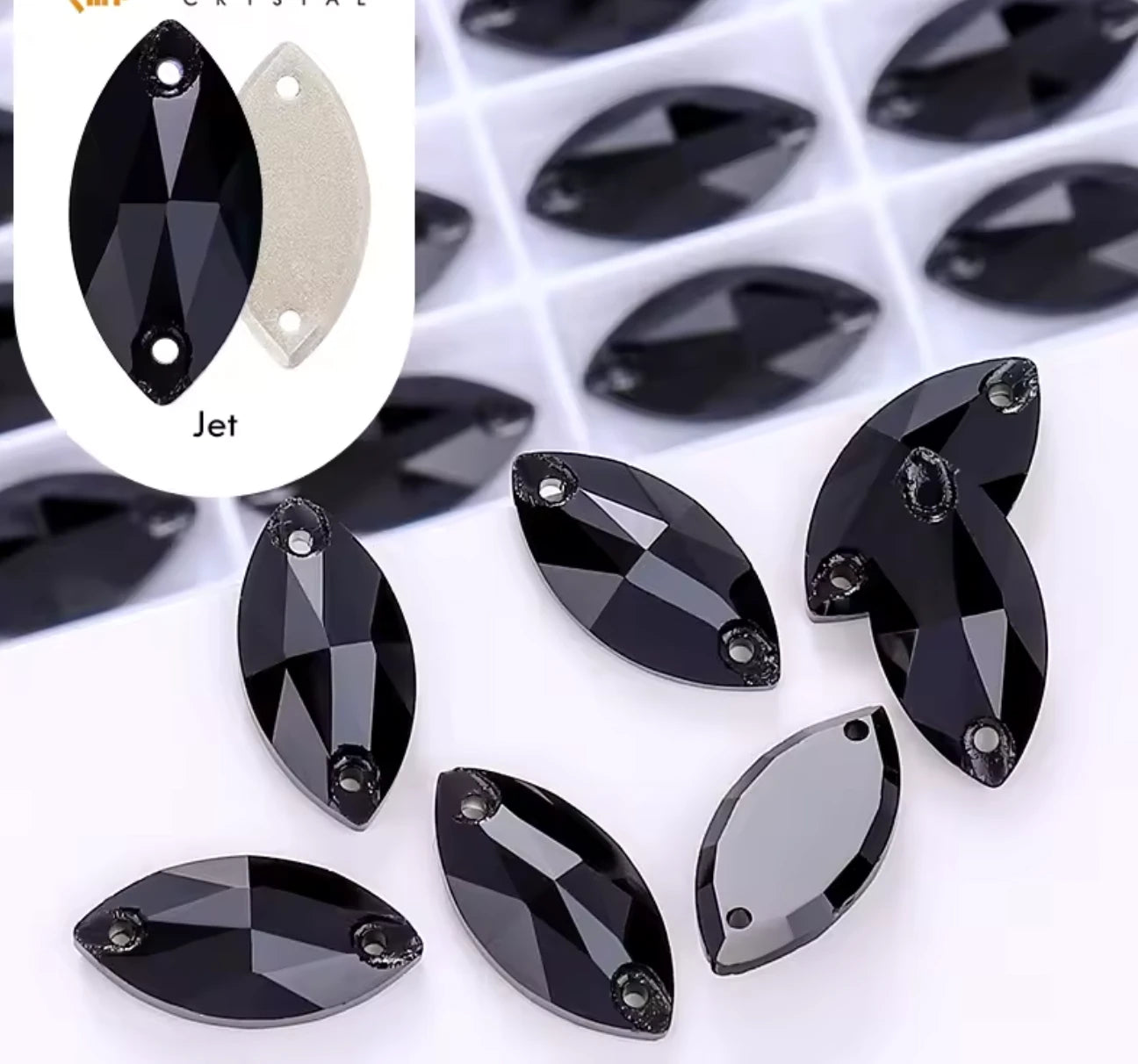 6*12mm Black Navette, Sew on, Glass Gem (Sold in pairs) Glass Gems
