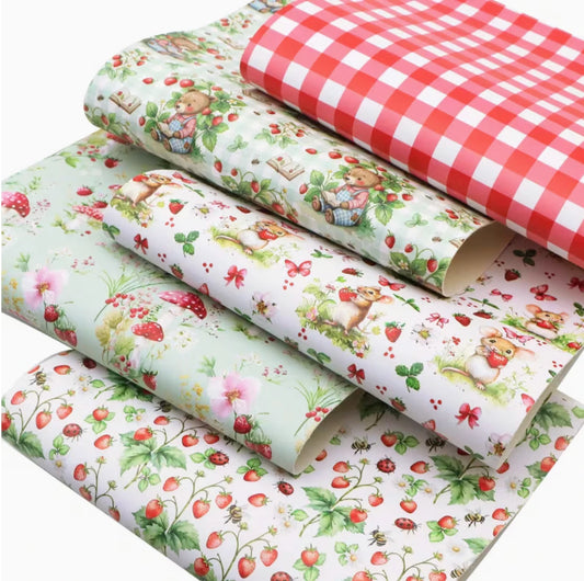 20*30cm "Strawberry Cuties" 5 Sheet Set, Printed Leatherette Sheet, Bulk Leatherette