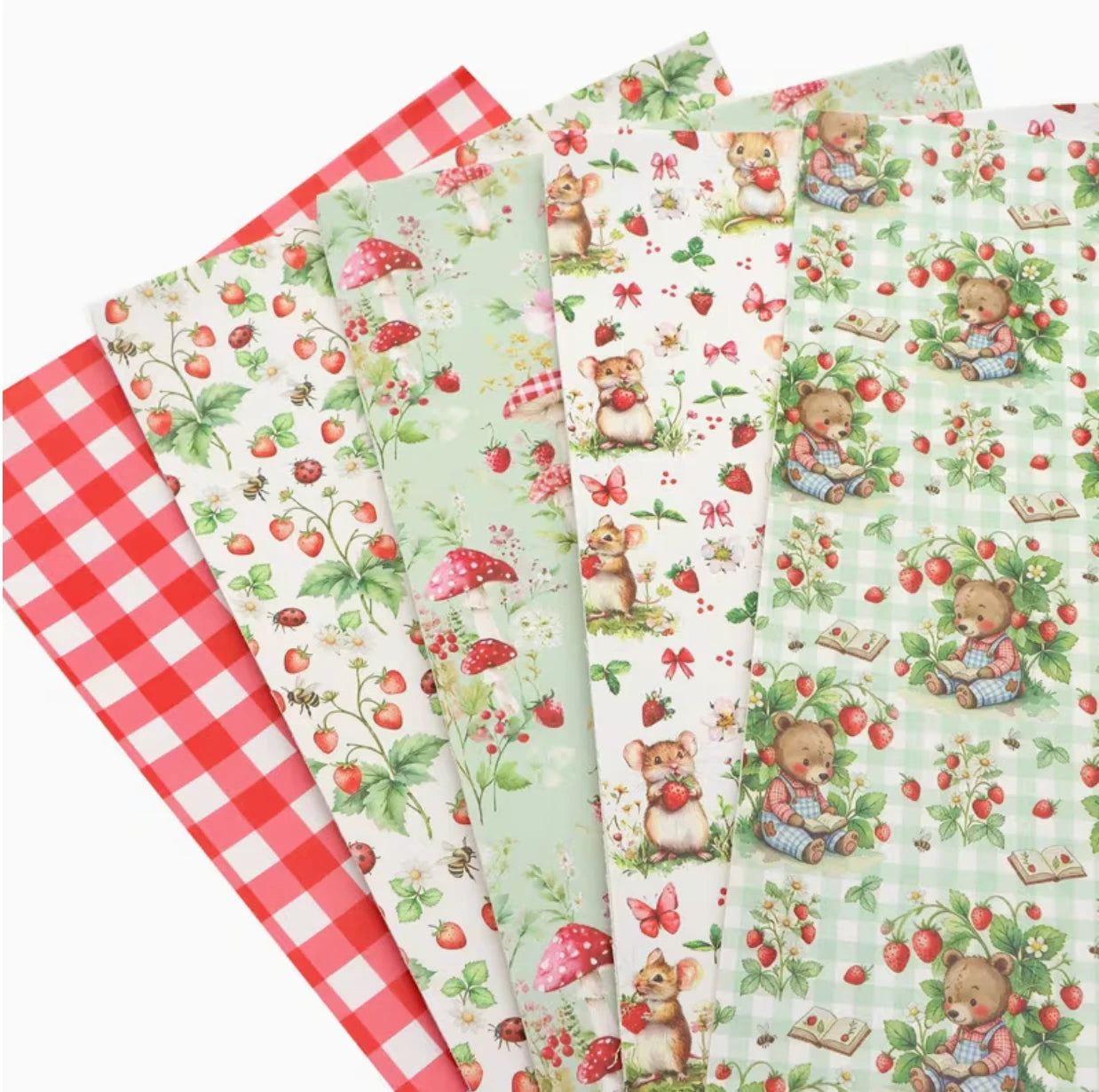 20*30cm "Strawberry Cuties" 5 Sheet Set, Printed Leatherette Sheet, Bulk Leatherette