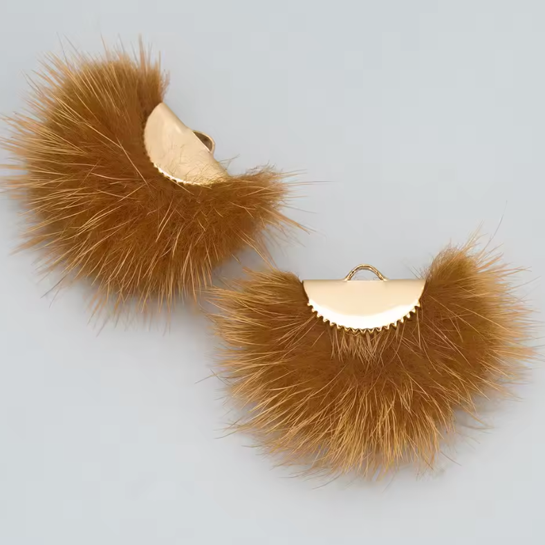 40mm Cedar Brown Real Mink Fur SILVER Tassel, Earring Finding, (10 piece) Basic