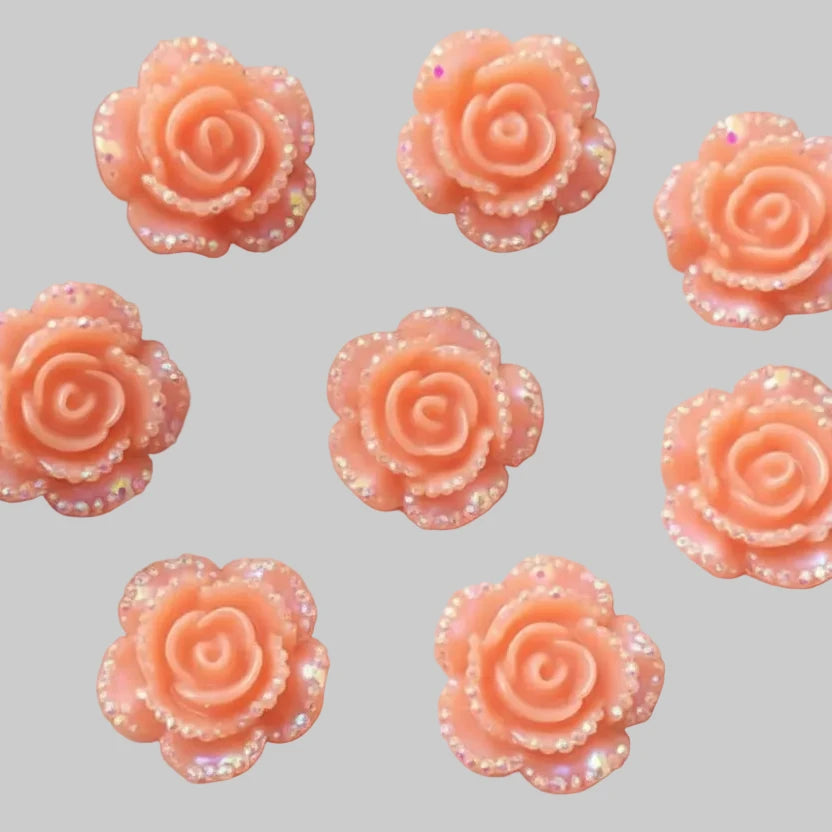 15mm Peach Pink AB Mixed Roses with A Flat Profile, Glue on, Resin Gem, (Sold in Pair) Resin Gems