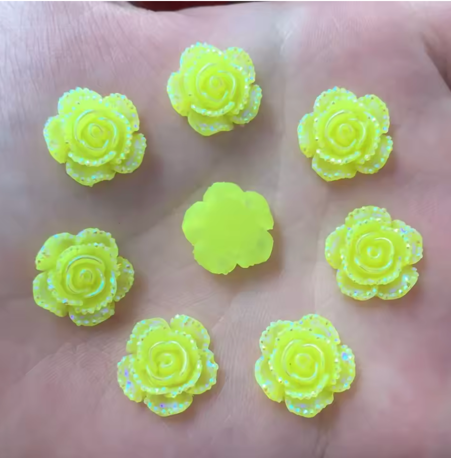 15mm, Yellow AB, AB Mixed Roses with a Flat profile, Glue on, Resin Gems, Resin Gem, (Sold in Pair) Resin Gems