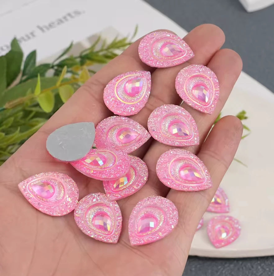 17*25mm Hot Pink AB Teardrop with Peacock Pattern, Sew On, Resin Gem, (Sold in Pair) Resin Gems
