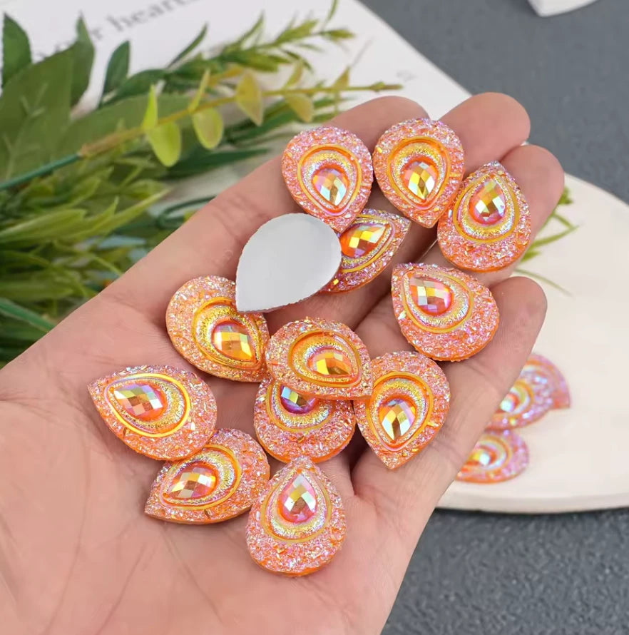 17*25mm Orange AB Teardrop with Peacock Pattern, Sew On, Resin Gem, (Sold in Pair) Resin Gems