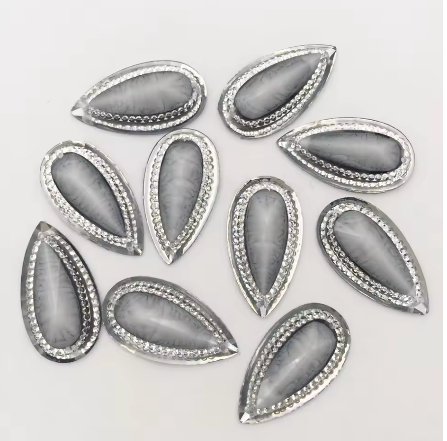 16*30mm White Coloured Marbled Stone Effect Teardrop Flatback, Sew On, Resin Gem, (Sold in Pair) Resin Gems