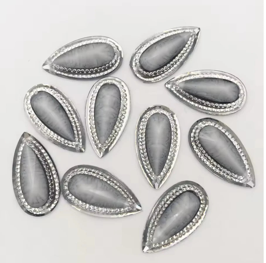 16*30mm White Coloured Marbled Stone Effect Teardrop Flatback, Sew On, Resin Gem, (Sold in Pair) Resin Gems