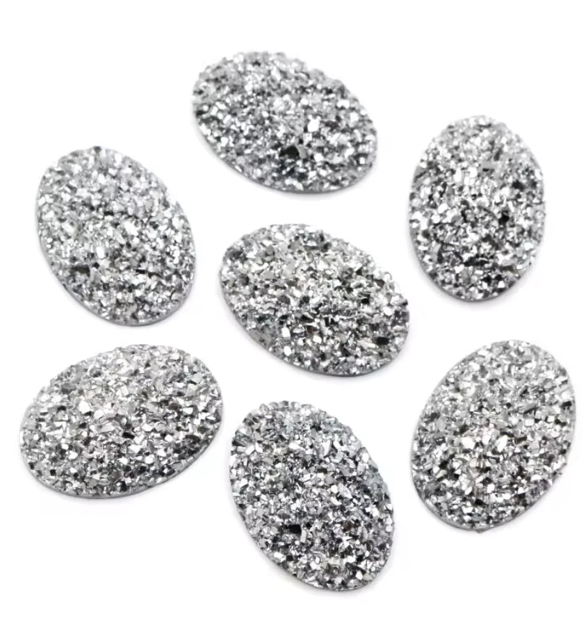 13*18mm Oval Silver Druzy, Glue on, Resin Gem, (Sold in Pair) Resin Gems