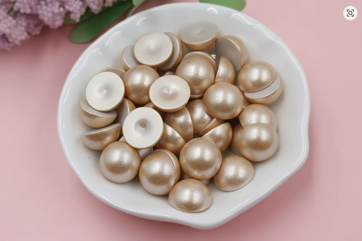 12mm Taupe Champagne Luster Pearl Pastel Iridescent Golden Luster Pearls Round, Glue on, Resin Gem, (Sold in Pair) Resin Gems