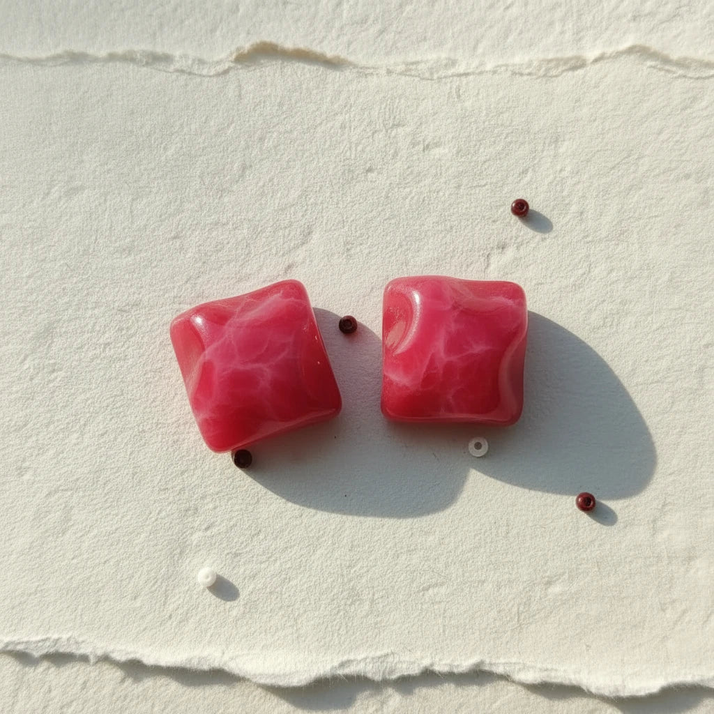 12mm Bright Red Marble Marbled Opal Rounded Square, Glue on, Resin Gem, (Sold in Pair) Resin Gems
