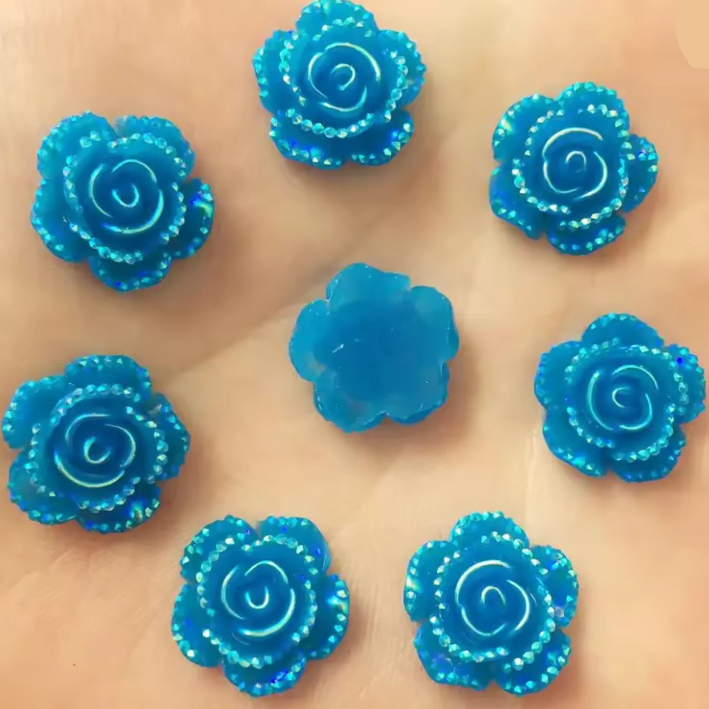 15mm Aqua Blue AB Mixed Roses with A Flat Profile, Glue on, Resin Gem, (Sold in Pair) Resin Gems