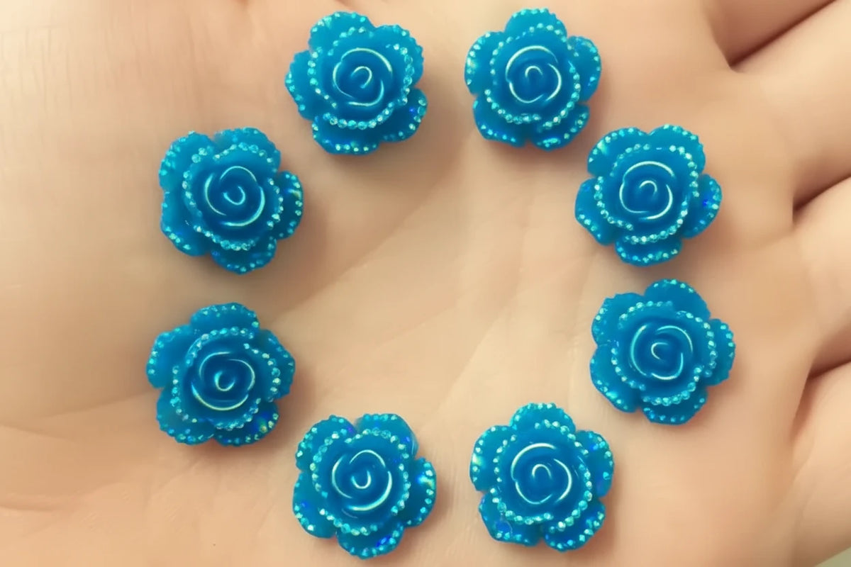 15mm Light Blue AB Mixed Roses with A Flat Profile, Glue on, Resin Gem, (Sold in Pair) Resin Gems
