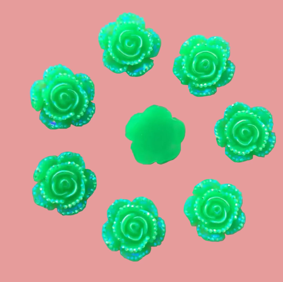 15mm Light Green AB Mixed Roses with A Flat Profile, Glue on, Resin Gem, (Sold in Pair) Resin Gems