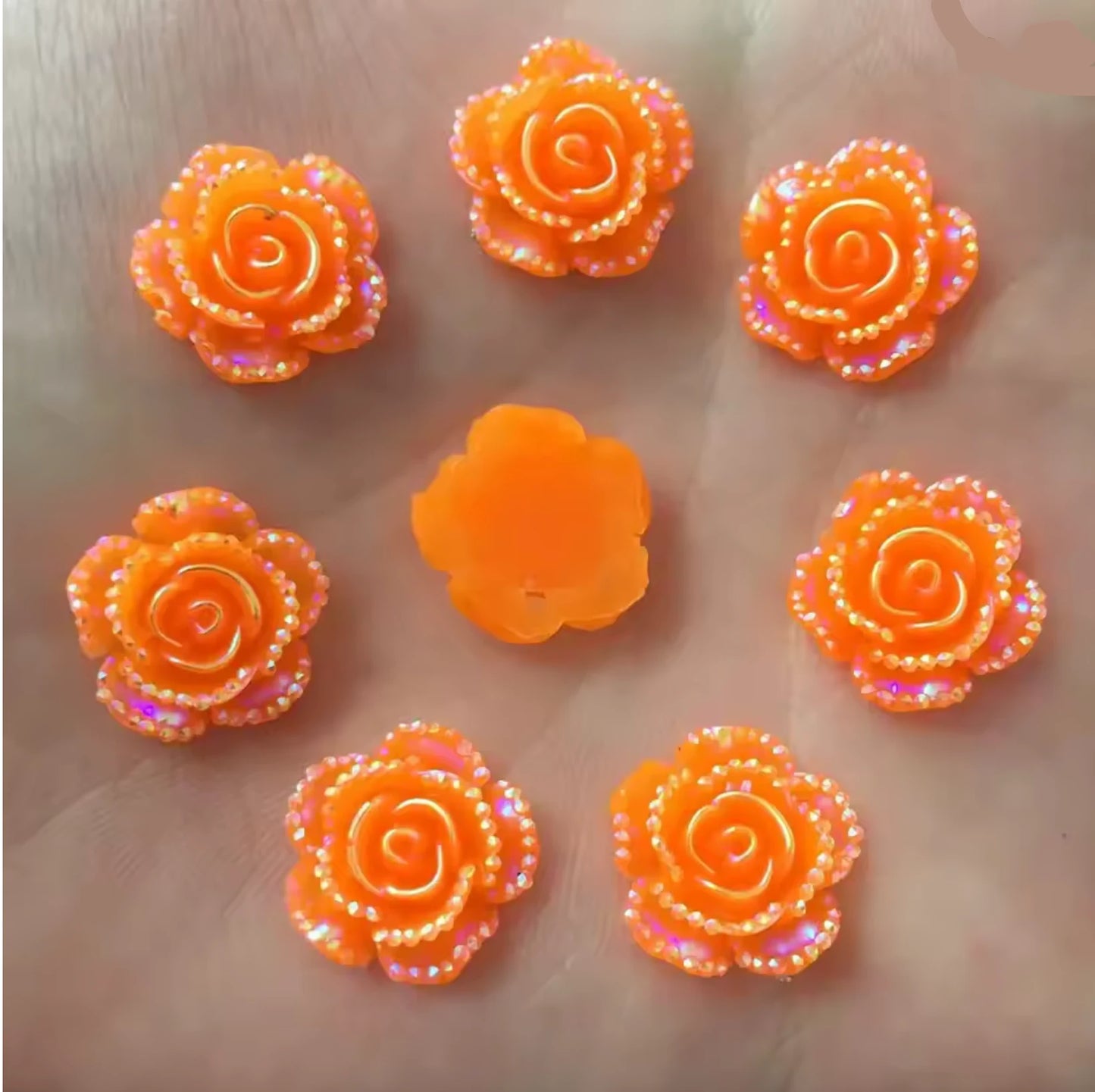 15mm Neon Orange AB Mixed Roses with A Flat Profile, Glue on, Resin Gem, (Sold in Pair) Resin Gems