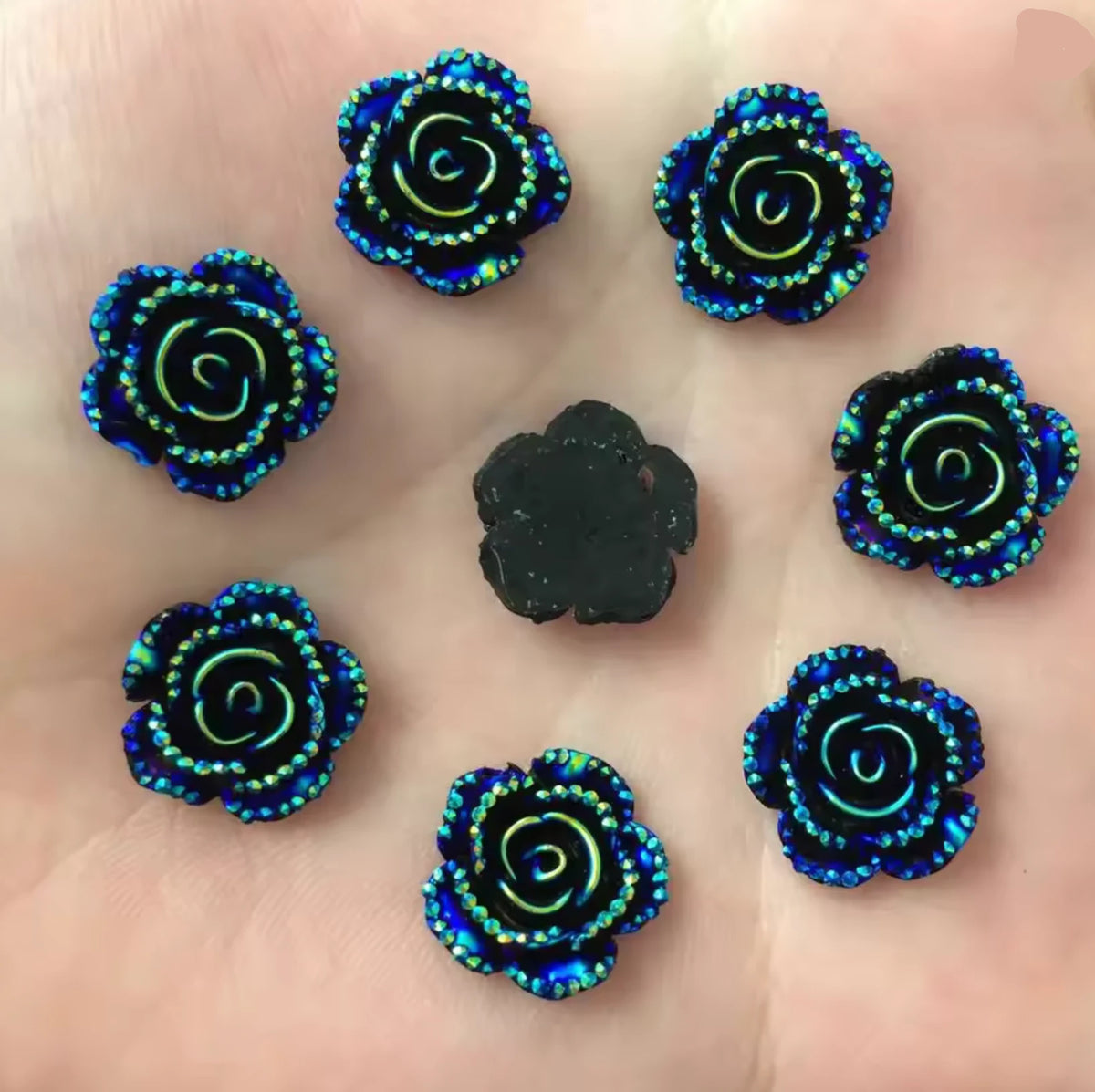 15mm Black AB Mixed Roses with A Flat Profile, Glue on, Resin Gem, (Sold in Pair) Resin Gems