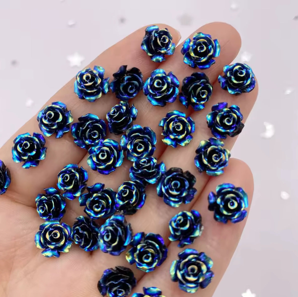 15mm Blue AB Mixed Roses with A Flat Profile, Glue on, Resin Gem, (Sold in Pair) Resin Gems