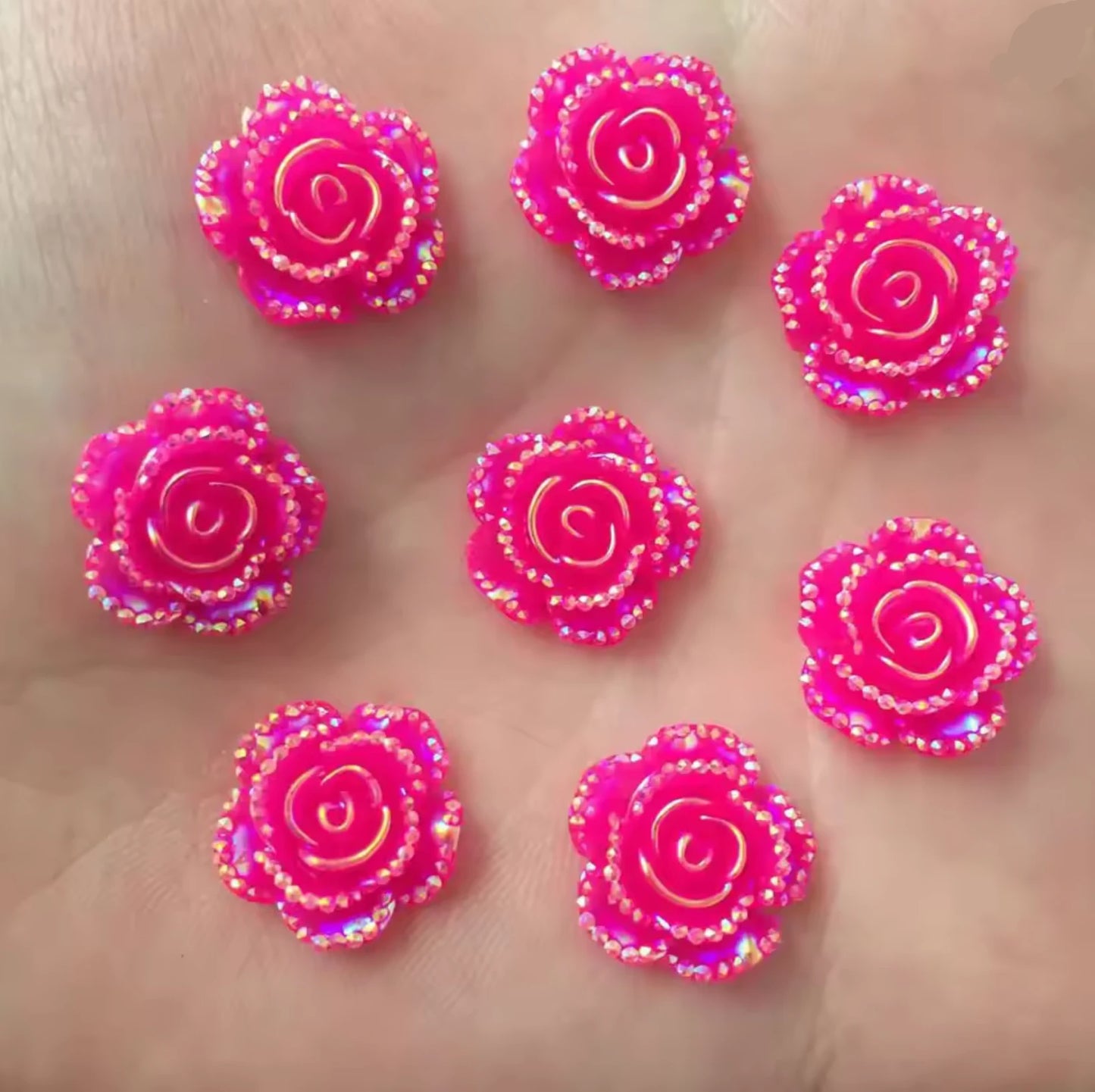 15mm Fuchsia AB Mixed Roses with A Flat Profile, Glue on, Resin Gem, (Sold in Pair) Resin Gems