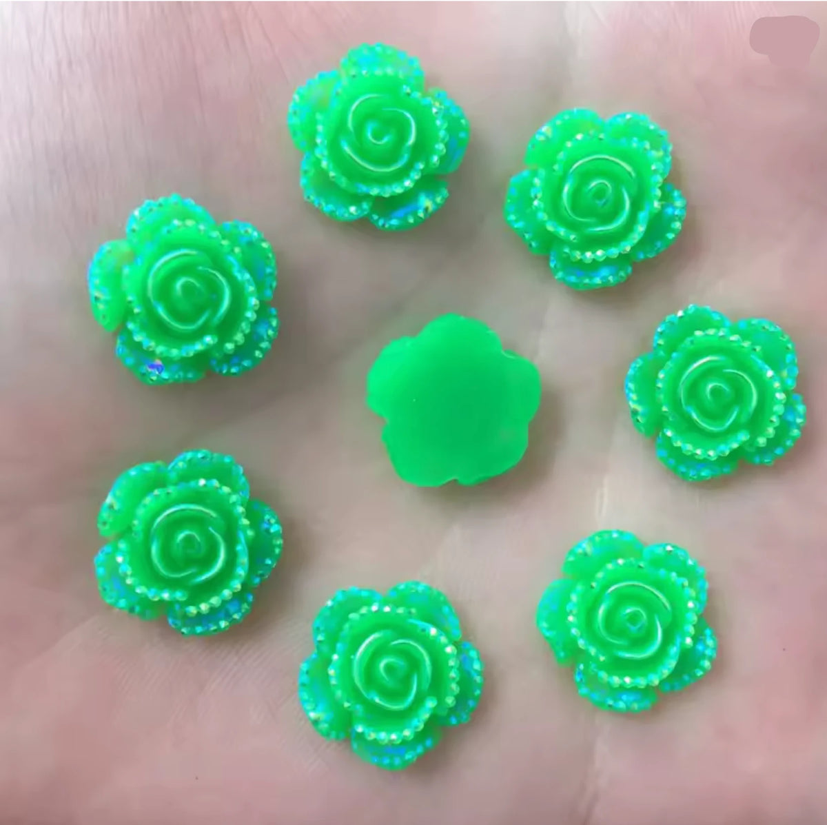 15mm Green AB Mixed Roses with A Flat Profile, Glue on, Resin Gem, (Sold in Pair) Resin Gems