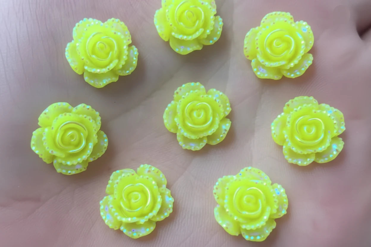 15mm Yellow AB Mixed Roses with A Flat Profile, Glue on, Resin Gem, (Sold in Pair) Resin Gems