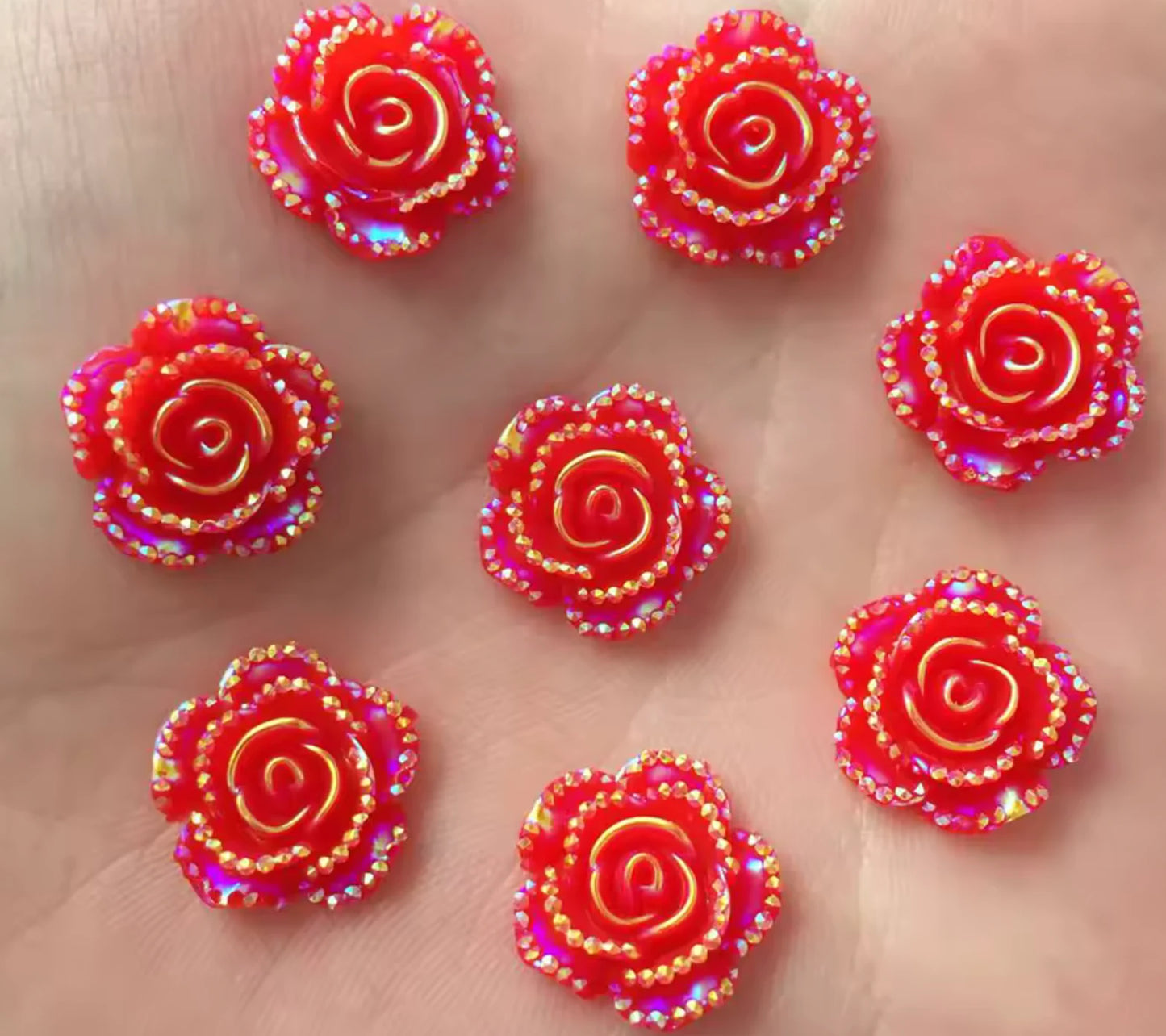 15mm Red AB Mixed Roses with A Flat Profile, Glue on, Resin Gem, (Sold in Pair) Resin Gems
